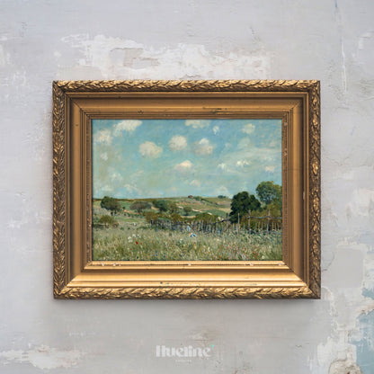 Vintage Country Landscape Wall Art Print – Peaceful Green Field with Blue Sky, Rural Nature Scene for Rustic Farmhouse Decor - L1075