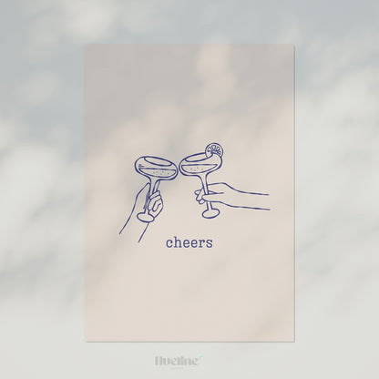 Minimal Cheers Cocktail Print, Blue Line Art Poster, Margarita Glass Bar Cart Decor - L1277