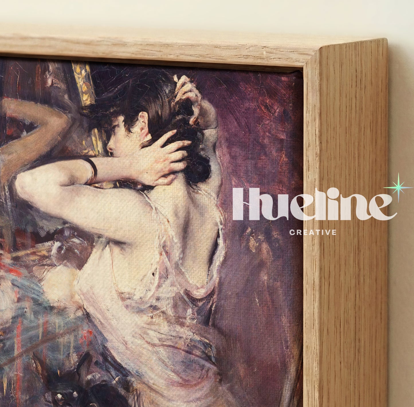 Moody Vintage Woman with Black Cat, Impressionist Painting, Antique Purple Wall Art - L1215