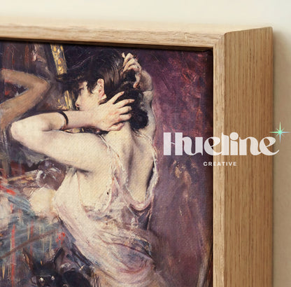 Moody Vintage Woman with Black Cat, Impressionist Painting, Antique Purple Wall Art - L1215