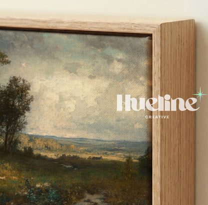 Vintage Countryside Landscape Wall Art, Moody Meadow Painting Print - L1182