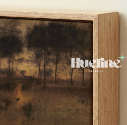 Moody Sunset Forest Oil Painting, Vintage Landscape, Golden Light Trees, Rustic Wall Art - L1203