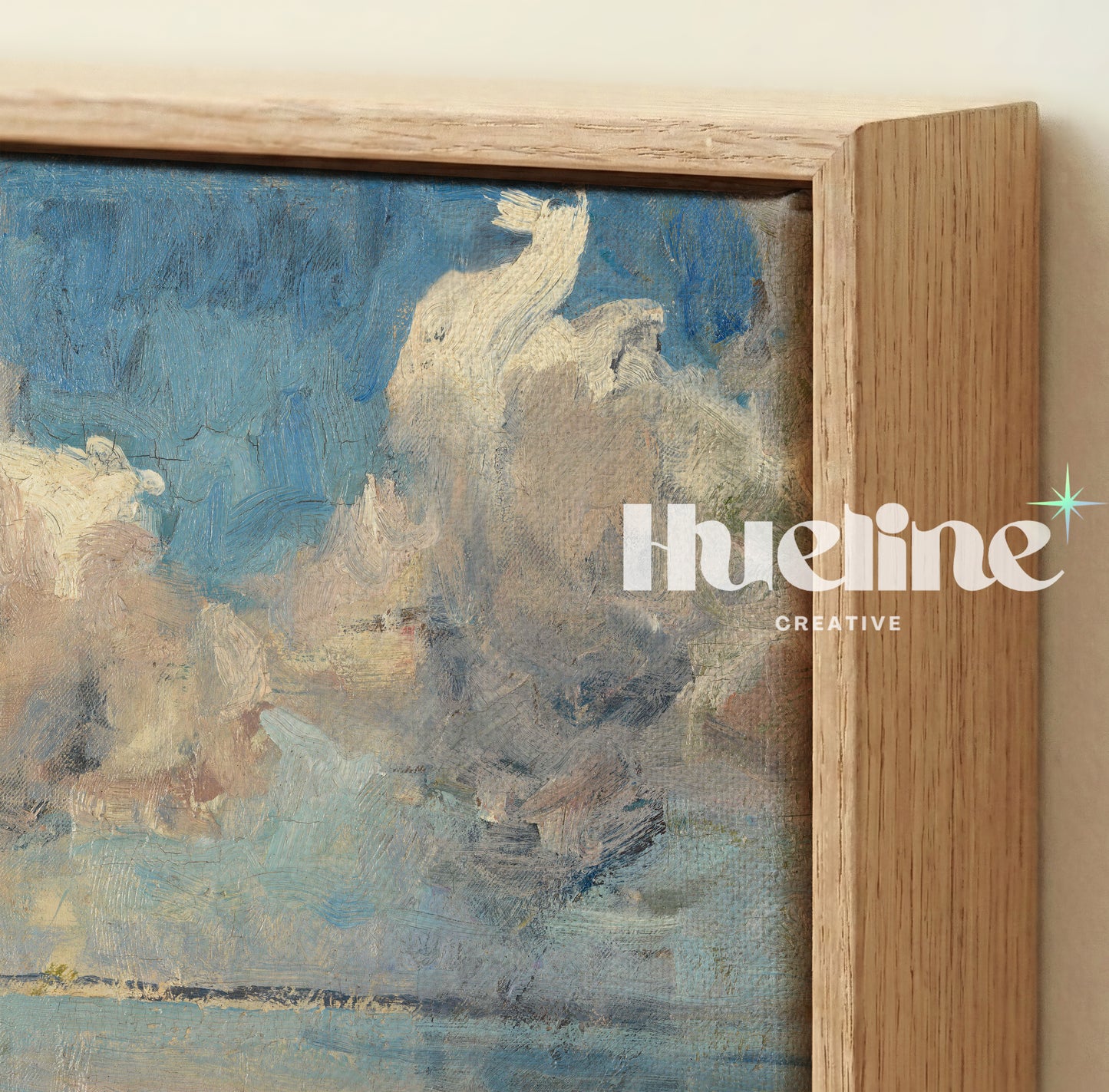 Abstract Cloudscape Painting, Moody Sky and Sea Art Print, Blue Beige Horizon Poster - L1172