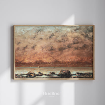 Vintage Moody Seascape Print, Antique Coastal Oil Painting Wall Art - L1156