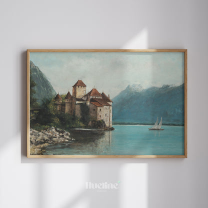 Vintage Castle Wall Art | Lake and Mountain Landscape Painting Print - L1108