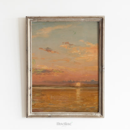 Sunset Seascape Art Print, Vintage Ocean Horizon Wall Art, Warm Pastel Coastal Painting - L1089