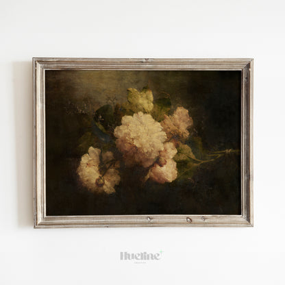 Dark Floral Still Life Print, Vintage Peony Wall Art, Moody Botanical Painting Poster - L1097
