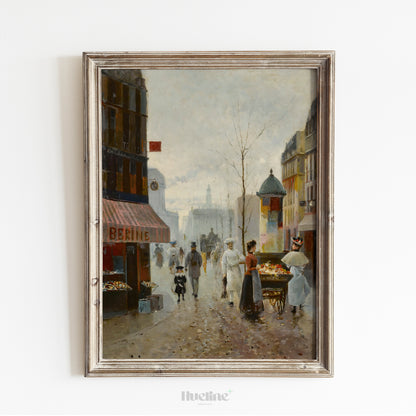 Vintage Paris Street Scene Art Print – Romantic French Cityscape with Flower Carts and 19th Century Charm – Classic Wall Art for Paris Lovers - L1040