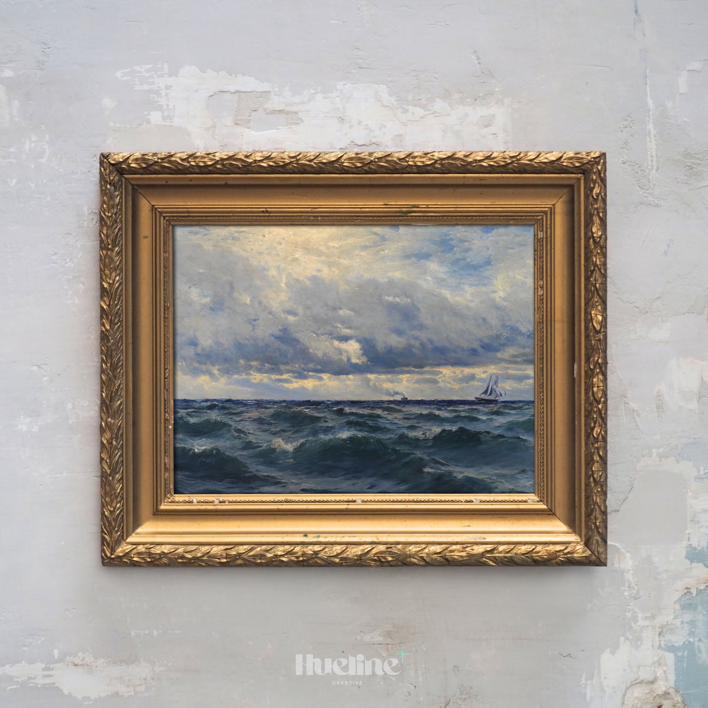 Dramatic Ocean Seascape Art Print – Vintage Style Maritime Painting with Stormy Sky and Sailboat – Nautical Wall Decor for Coastal Interiors - L1055