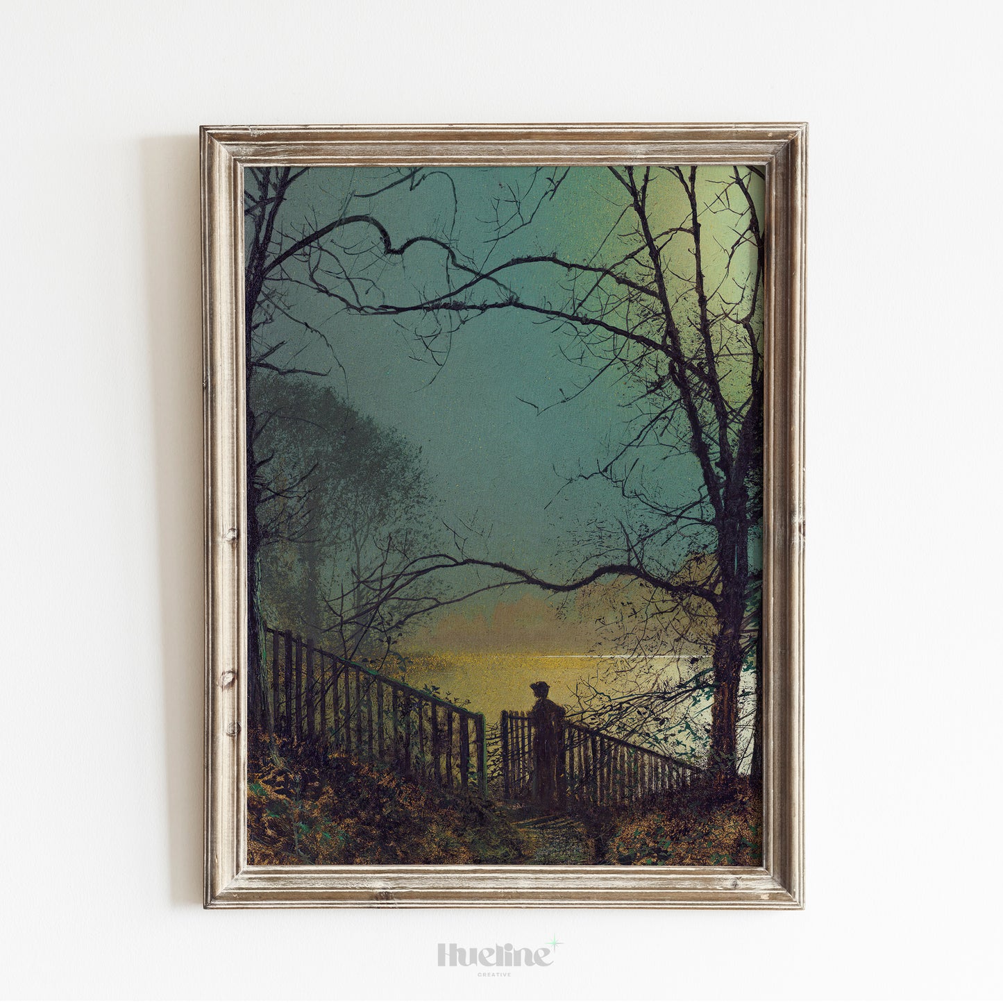 Vintage Landscape Wall Art | Moonlit Night Scene with Silhouette Painting - L1111