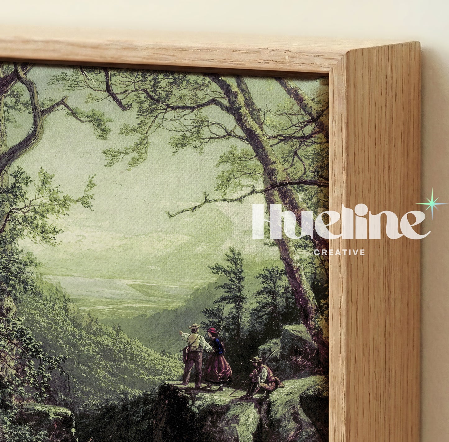 Vintage Forest Landscape, Couple Overlooking Misty Valley, Moody View, Antique Nature Wall Art - L1207