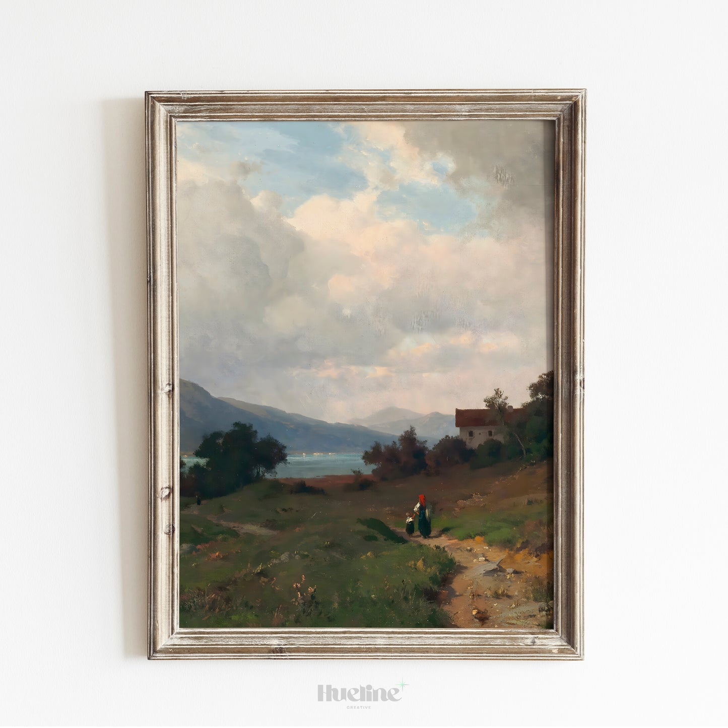 Vintage Countryside Landscape Art Print – Serene Mountain View with Cottage and Lake – Romantic Nature Wall Decor for Rustic Homes - L1060