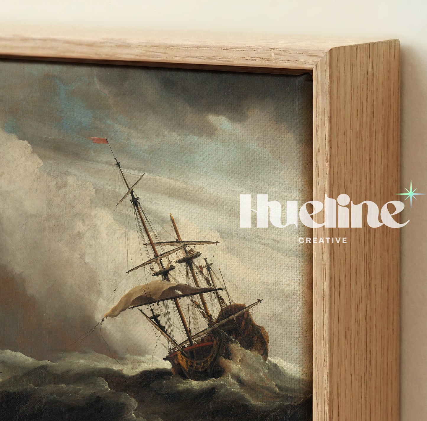 Vintage Stormy Sea Oil Painting, Sailing Ship in High Waves, Moody Maritime Art - L1205
