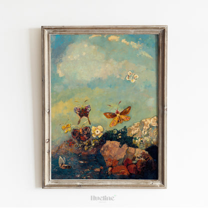 Butterfly Meadow Art Print – Whimsical Nature Painting with Vintage Charm – Peaceful Wall Decor Gift for Nature Lovers - L1068