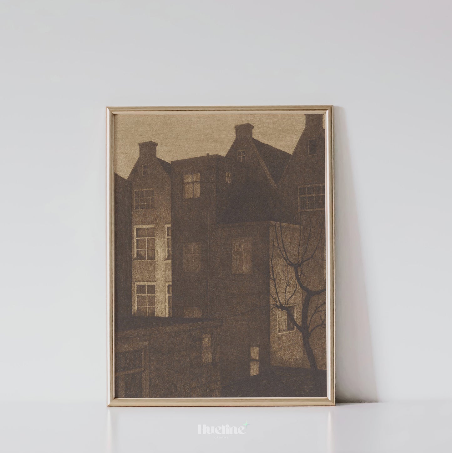 Sepia Cityscape Art Print – Moody Urban Architecture with Tree Silhouette – Minimalist Vintage Wall Decor for Modern Interiors - L1056