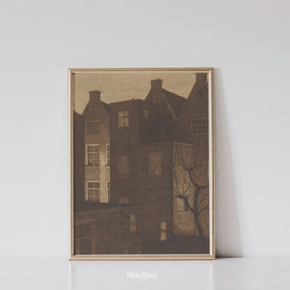 Sepia Cityscape Art Print – Moody Urban Architecture with Tree Silhouette – Minimalist Vintage Wall Decor for Modern Interiors - L1056