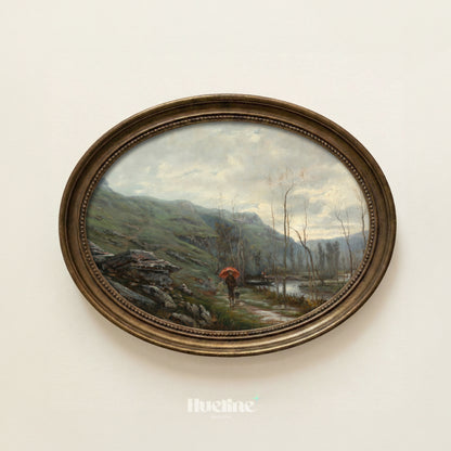 Vintage Landscape Wall Art, Red Umbrella Oil Painting Print, Moody River Scene - L1218