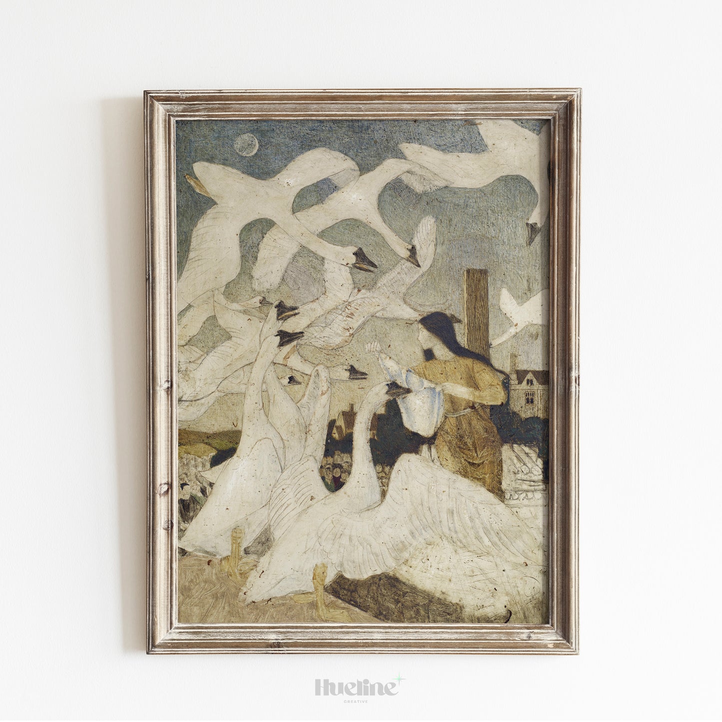 Swan Girl Painting - Vintage-Inspired Surreal Wall Art - Mystical Birds and Woman Print - Dreamlike Ethereal Decor - L1033
