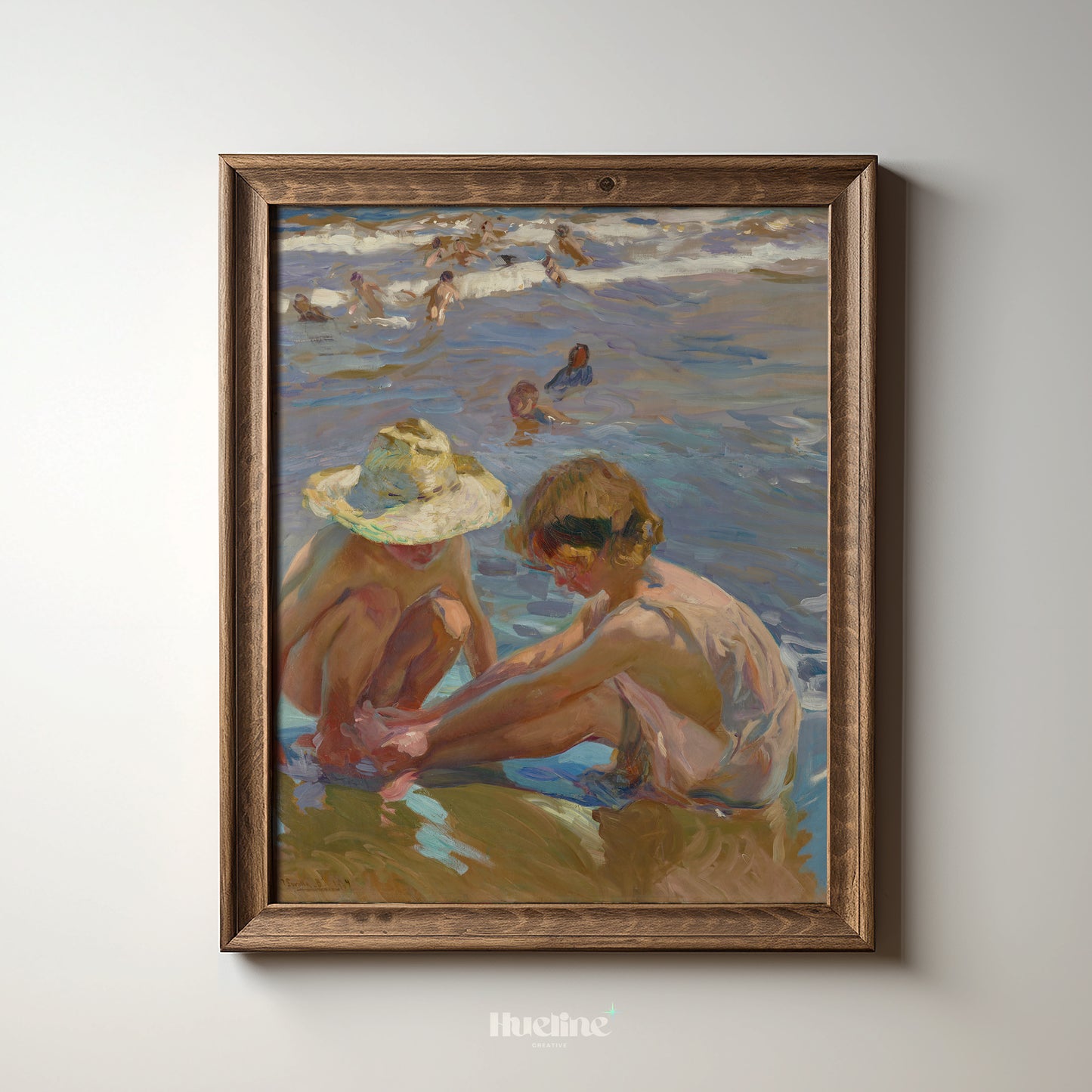 Vintage Beach Scene Art Print – Impressionist Painting of Children by the Sea – Sunlit Summer Wall Decor for Coastal and Nostalgic Interiors - L1051