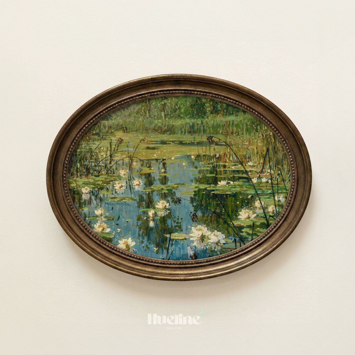 Impressionist Water Lily Pond, Floral Landscape, Calm Water, Reeds, Nature Wall Art - L1197