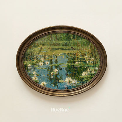 Impressionist Water Lily Pond, Floral Landscape, Calm Water, Reeds, Nature Wall Art - L1197