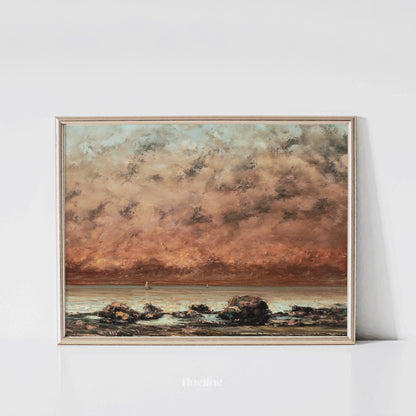 Vintage Moody Seascape Print, Antique Coastal Oil Painting Wall Art - L1156