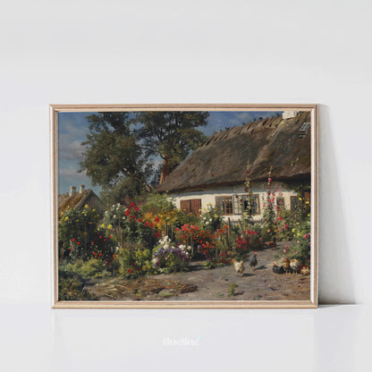 Vintage Cottage Garden Art Print – Floral Farmhouse Scene with Chickens and Thatch Roof House – Country Wall Decor for Rustic Interiors - L1046