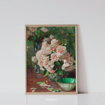 Romantic Pink Rose Bouquet Art Print – Vintage Floral Still Life Wall Decor for Elegant Interiors – Classic Botanical Painting Gift for Wife - L1070