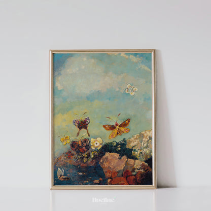 Butterfly Meadow Art Print – Whimsical Nature Painting with Vintage Charm – Peaceful Wall Decor Gift for Nature Lovers - L1068