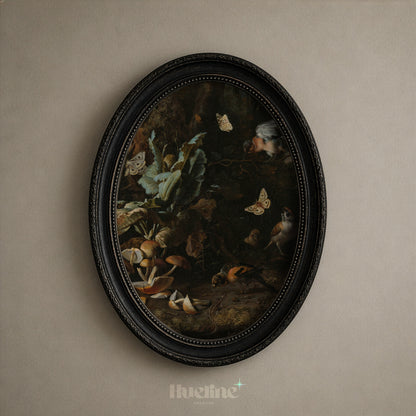 Moody Bird Wall Art, Vintage Mushroom Painting, Dark Academia Gothic Nature Print - L1217