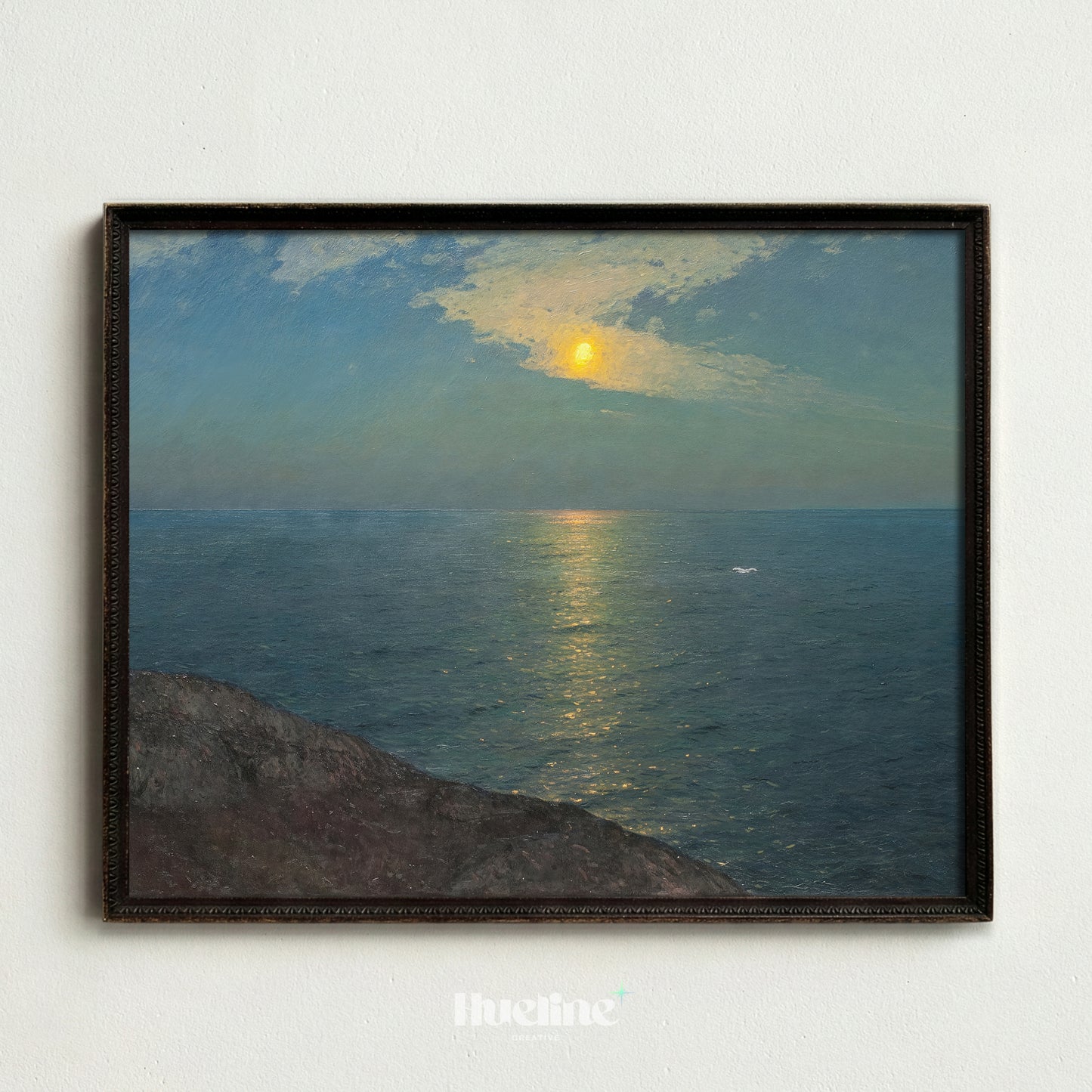 Vintage Moonlight Ocean Seascape Wall Art, Classical Night Sea Painting - L1181