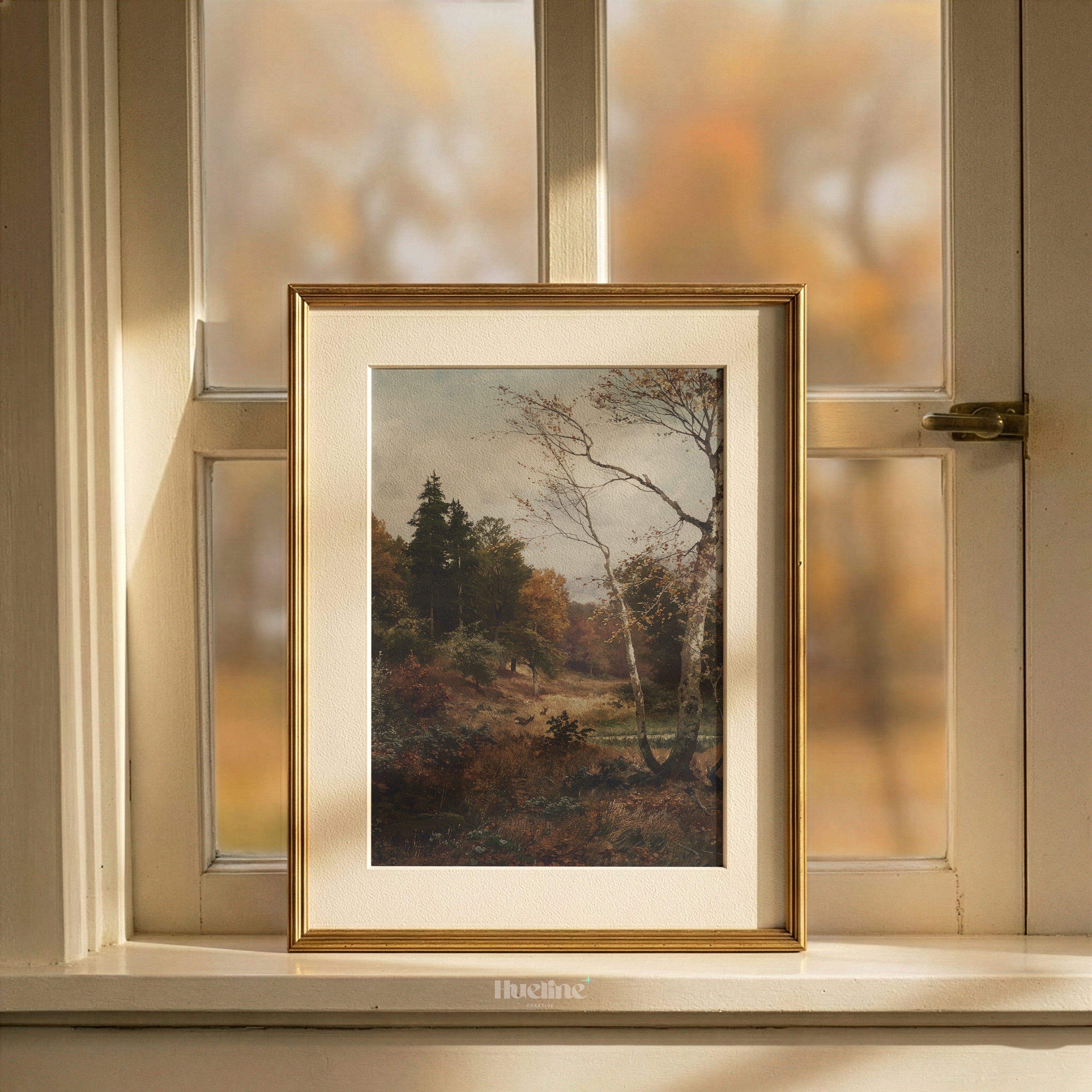 Vintage Autumn Forest Landscape Print, Antique Birch Tree Woodland
