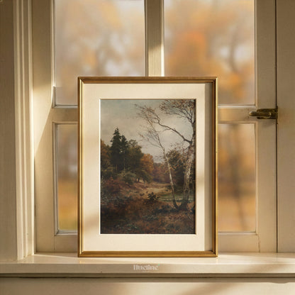 Vintage Autumn Forest Landscape Print, Antique Birch Tree Woodland Oil Painting - L1164