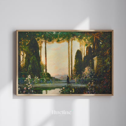 Vintage Enchanted Garden Oil Painting, Mystic Sunset Landscape, Antique Nature Art - L1212