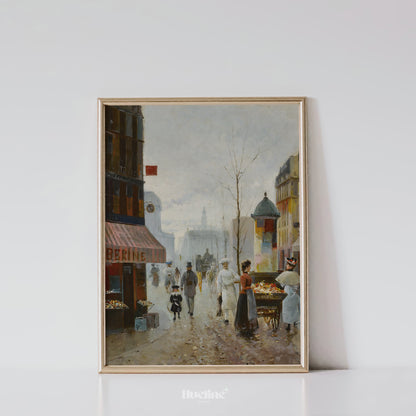 Vintage Paris Street Scene Art Print – Romantic French Cityscape with Flower Carts and 19th Century Charm – Classic Wall Art for Paris Lovers - L1040