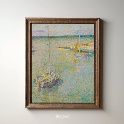 Pointillist Sailing Boat Art Print – Soft Pastel Coastal Scene with Tranquil Water – Impressionist Nautical Wall Decor for Calm Interiors - L1045