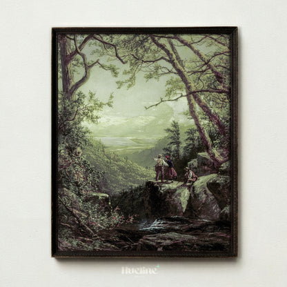 Vintage Forest Landscape, Couple Overlooking Misty Valley, Moody View, Antique Nature Wall Art - L1207