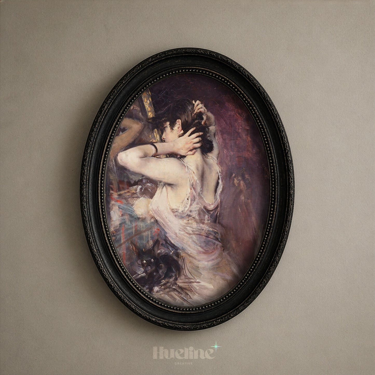 Moody Vintage Woman with Black Cat, Impressionist Painting, Antique Purple Wall Art - L1215