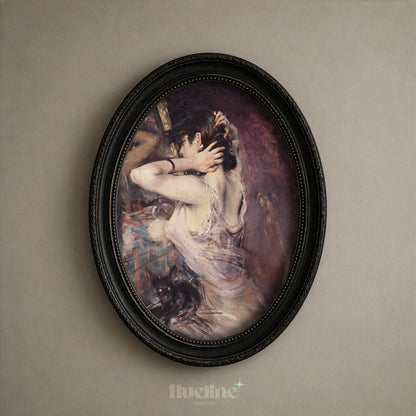 Moody Vintage Woman with Black Cat, Impressionist Painting, Antique Purple Wall Art - L1215