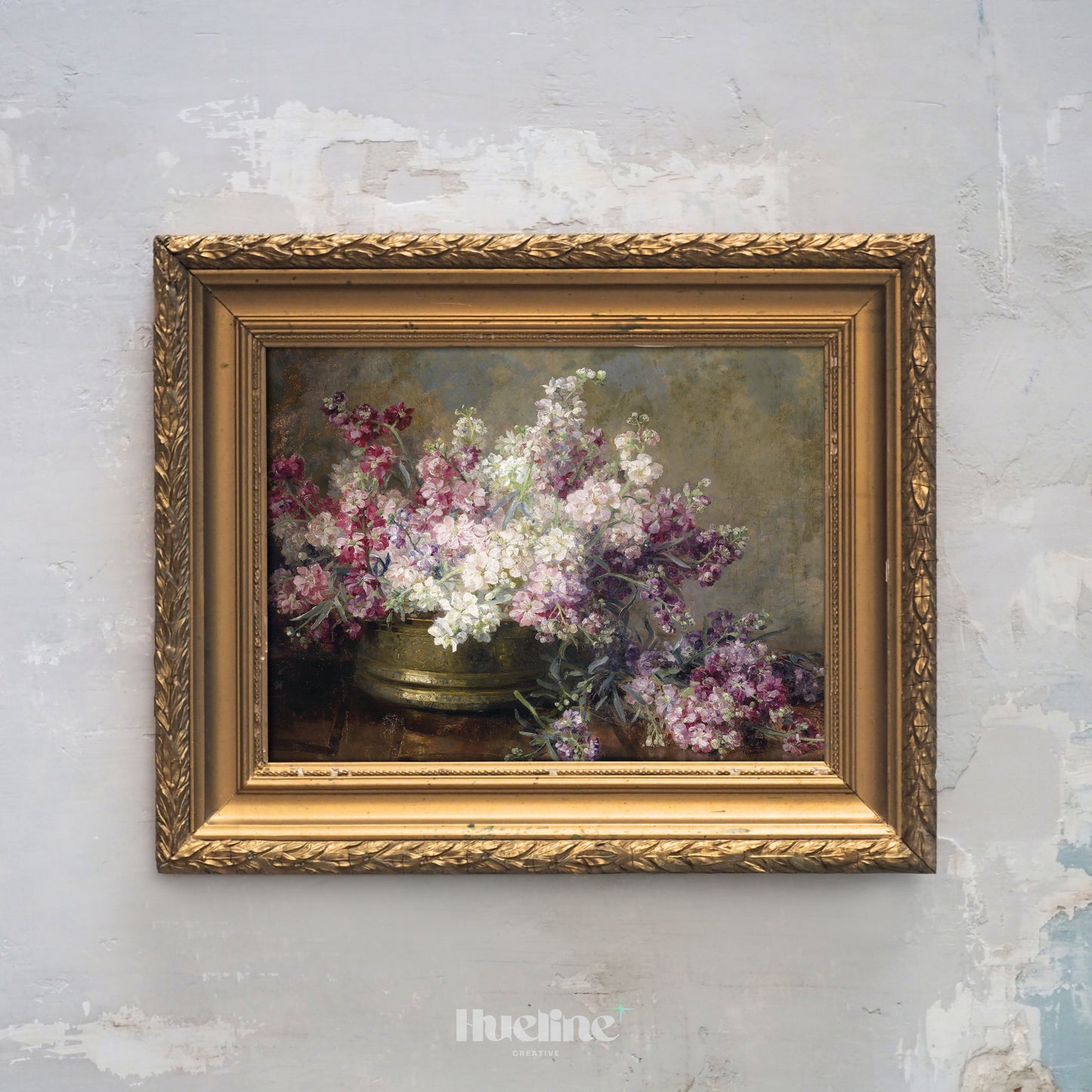 Vintage Floral Still Life, Moody Pink Purple Flower Painting, Antique Farmhouse Wall Art - L1223