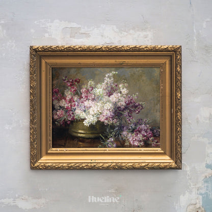 Vintage Floral Still Life, Moody Pink Purple Flower Painting, Antique Farmhouse Wall Art - L1223