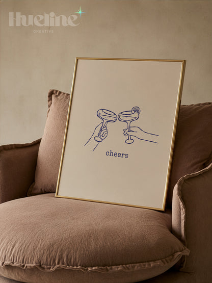 Minimal Cheers Cocktail Print, Blue Line Art Poster, Margarita Glass Bar Cart Decor - L1277