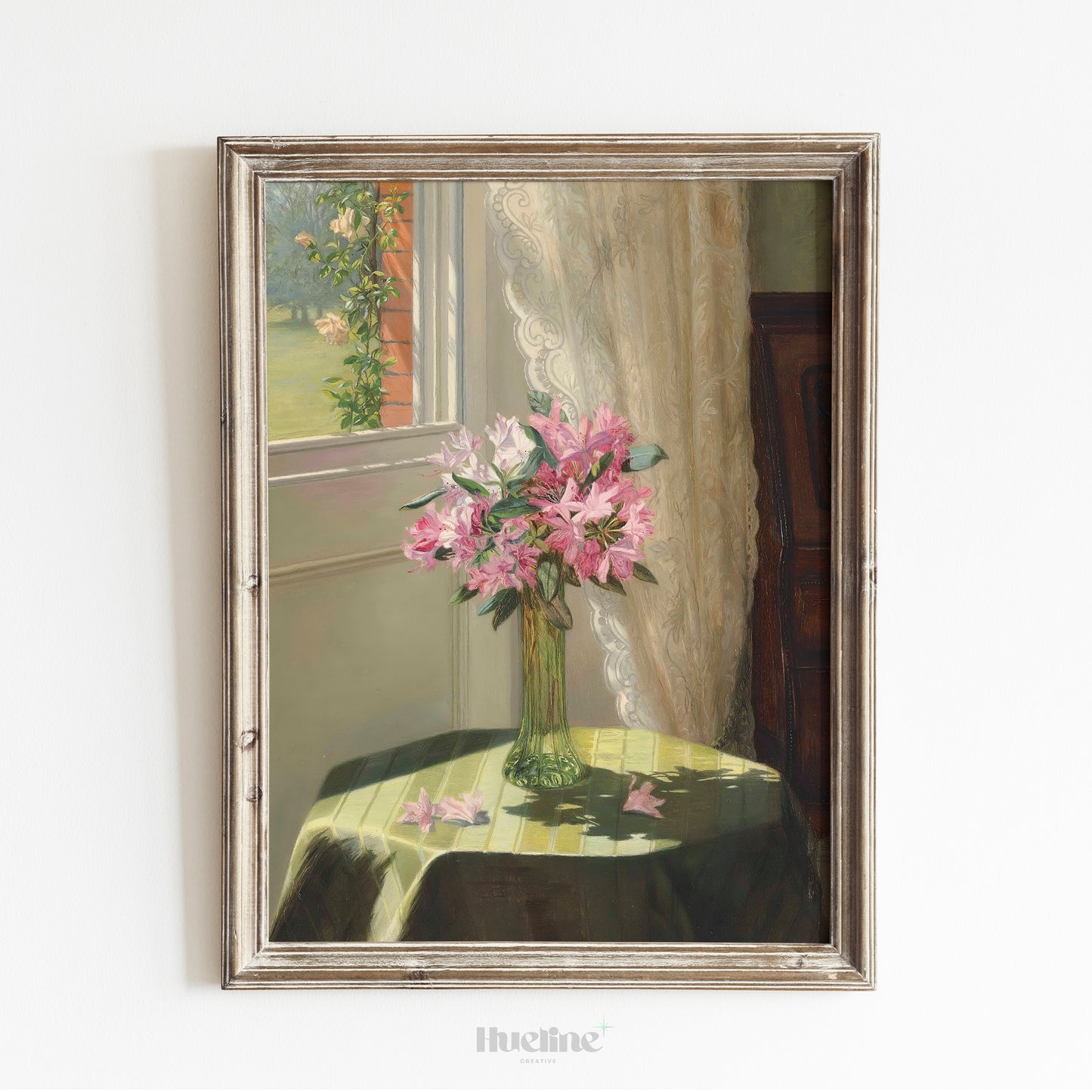 Sunlit Floral Still Life Art Print – Vintage Vase of Pink Flowers by Window – Romantic Cottagecore Wall Decor for Warm Interiors - L1050