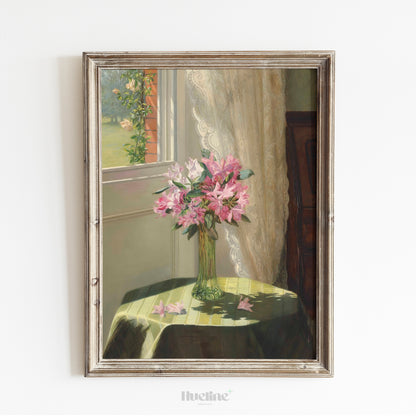 Sunlit Floral Still Life Art Print – Vintage Vase of Pink Flowers by Window – Romantic Cottagecore Wall Decor for Warm Interiors - L1050