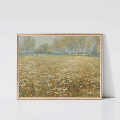 Vintage Meadow Landscape Art Print – Soft Wildflower Field and Trees – Rustic Country Wall Decor for Cottage or Farmhouse Interiors - L1044
