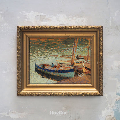 Vintage Fishing Boats Coastal Wall Art, Impressionist Beach Painting - L1175
