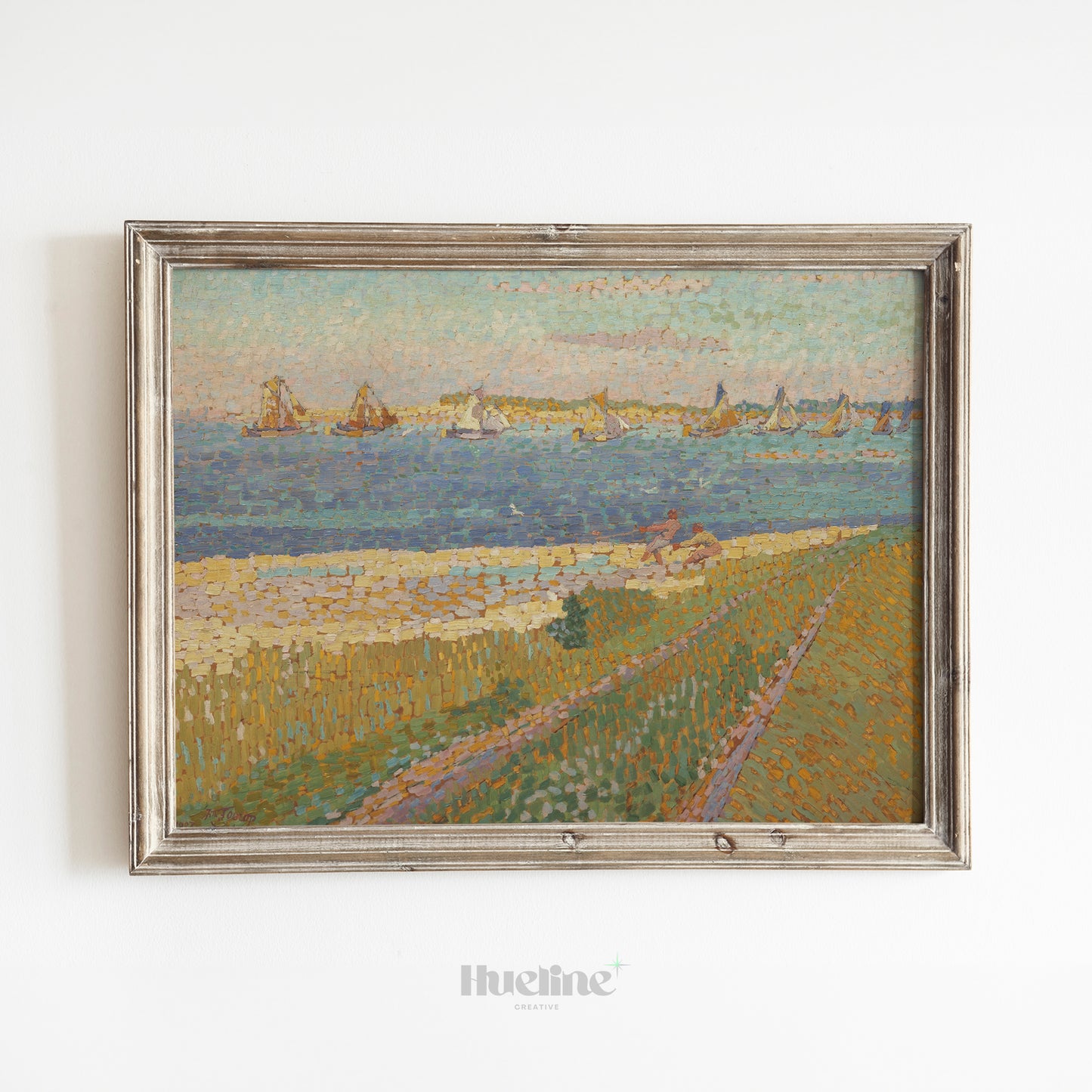 Pointillist Coastal Landscape Art Print – Vintage Style Sailing Boats Seascape – Impressionist Nautical Wall Decor for Beach or Art-Inspired Homes - L1043