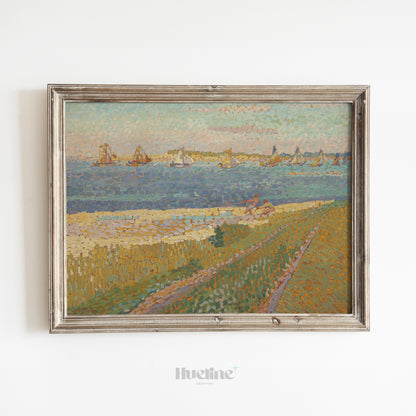 Pointillist Coastal Landscape Art Print – Vintage Style Sailing Boats Seascape – Impressionist Nautical Wall Decor for Beach or Art-Inspired Homes - L1043