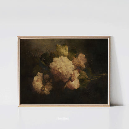 Dark Floral Still Life Print, Vintage Peony Wall Art, Moody Botanical Painting Poster - L1097