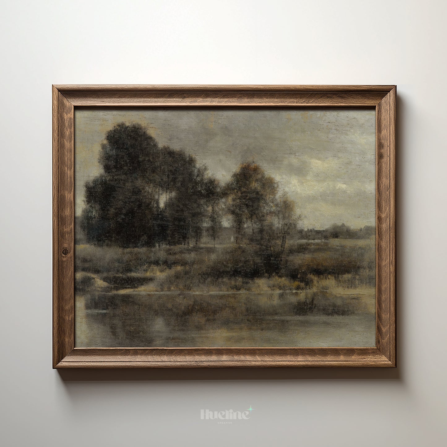 Moody Vintage Landscape Oil Painting, Tonalist Antique River Scene, Dark Neutral Wall Art - L1213